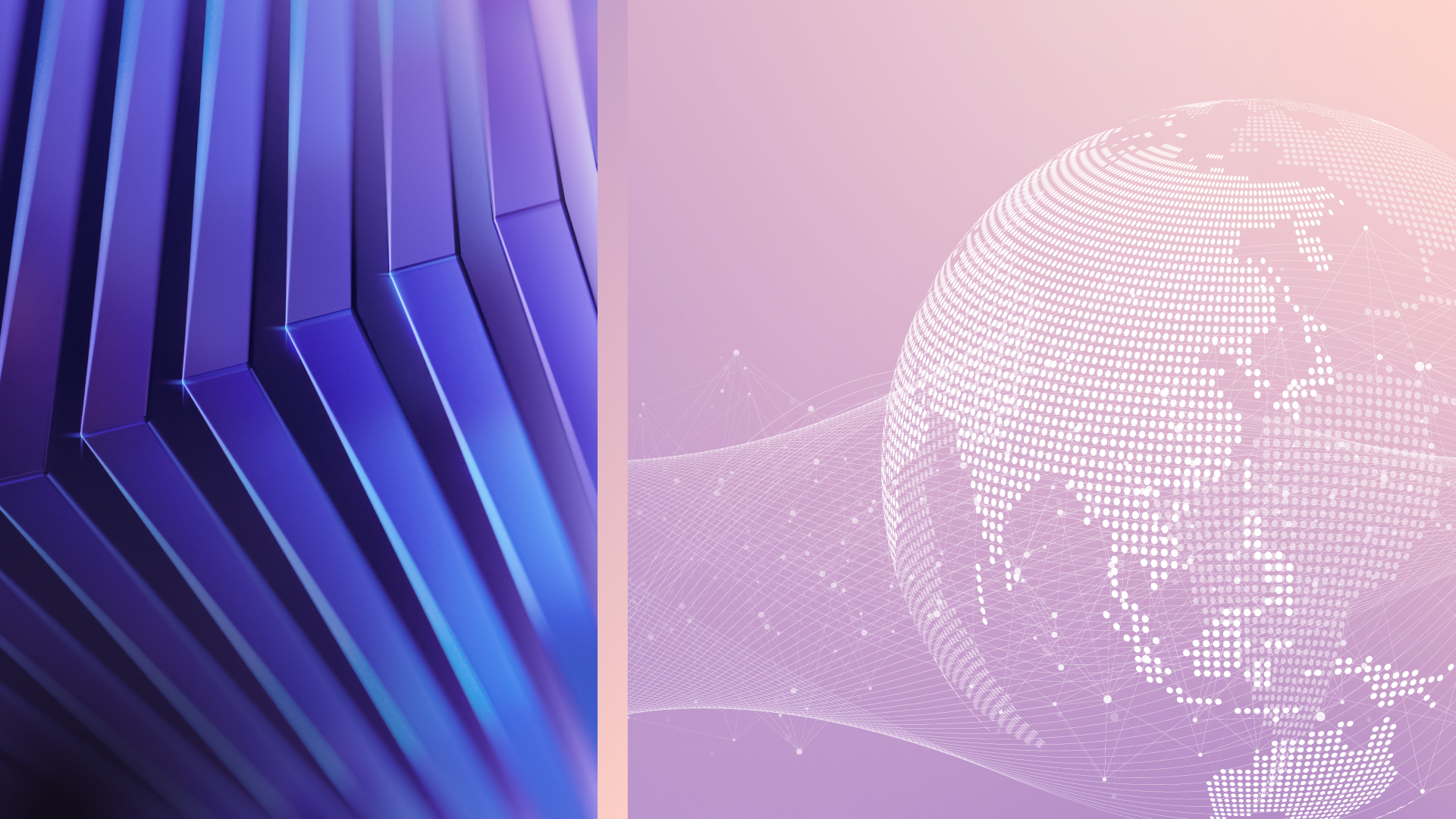 Split image featuring layered, angular panels beside a dotted globe with flowing lines showing global connections