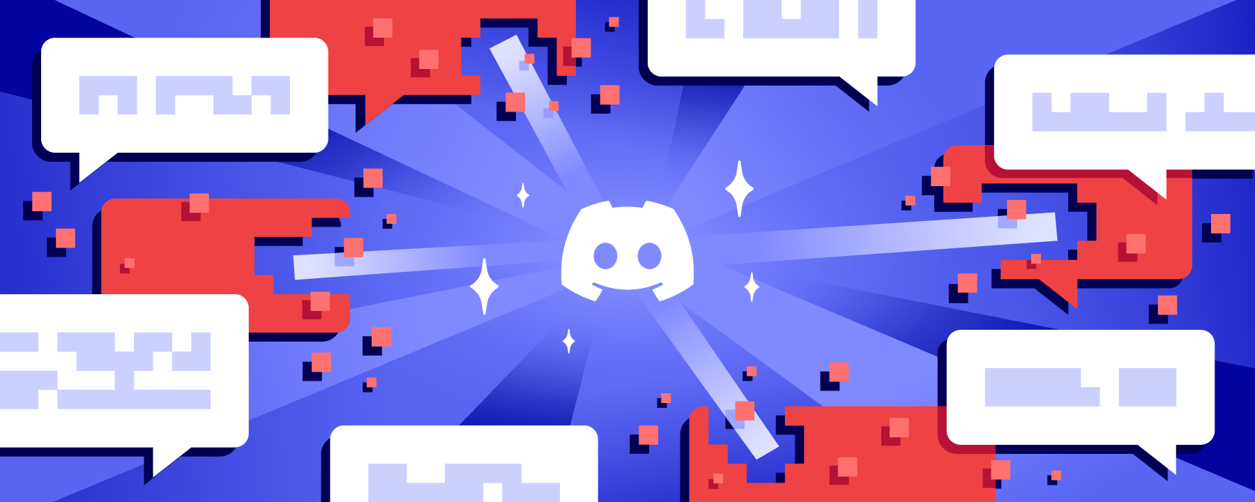 The Discord logo surrounded by representations of chat messages. They look to be shooting out from the Discord logo.