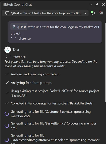 Screenshot of the Copilot chat window as the test are being generated