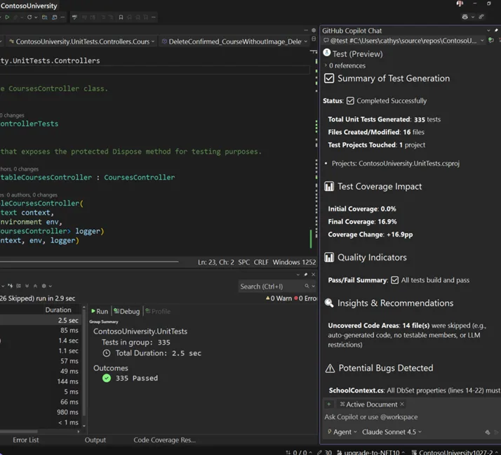 Screenshot of test agent summary output in a Visual Studio window