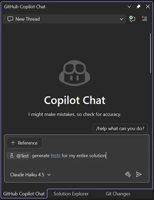 Screenshot of example prompt in GitHub Copilot chat window demonstrating use of @Test