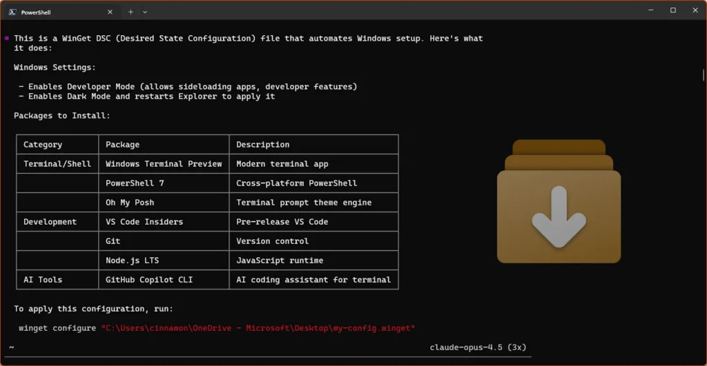 Terminal window showing WinGet Desired State Configuration view.
