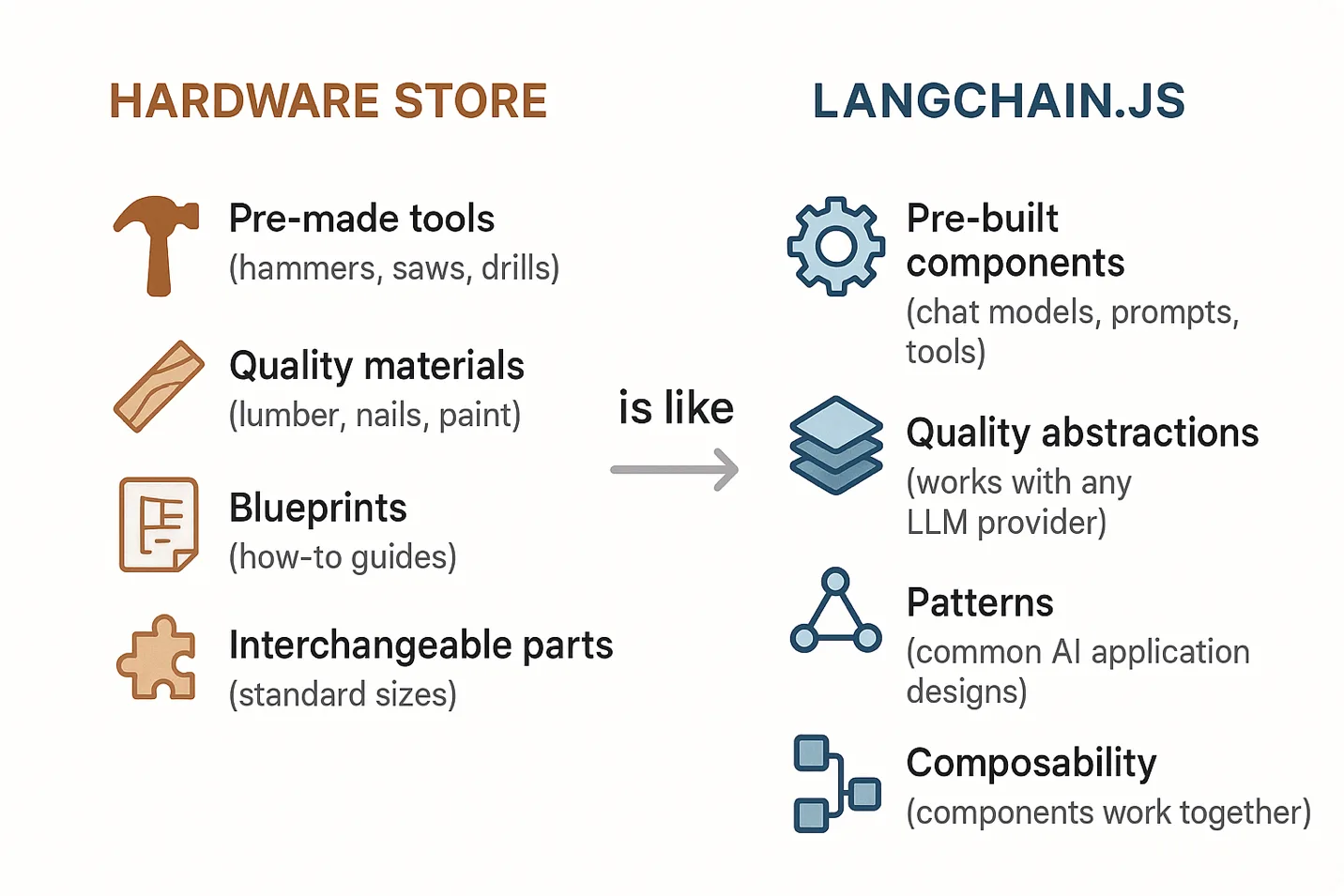 The Hardware Store Analogy - LangChain.js gives you pre-built components instead of building everything from scratch
