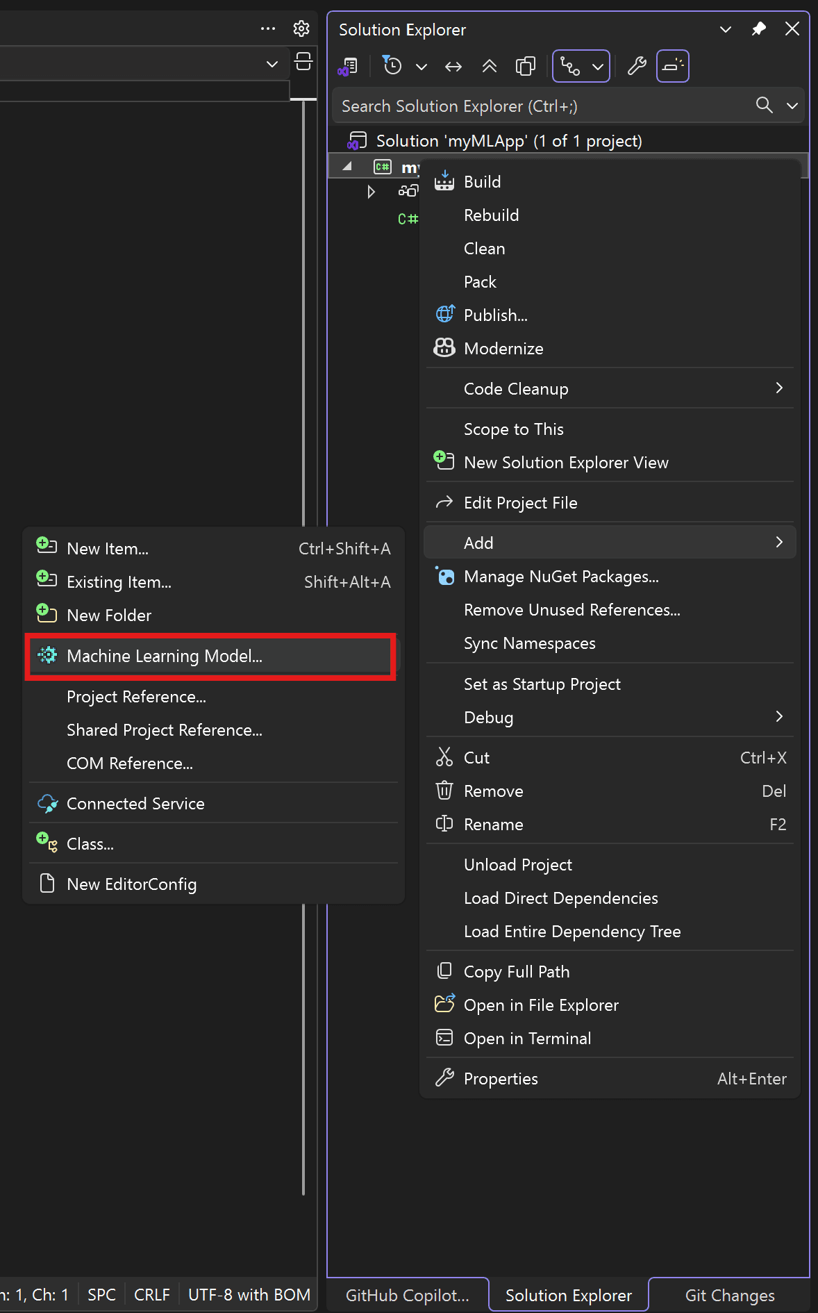 Screenshot of Visual Studio showing the Machine Learning Model selected.