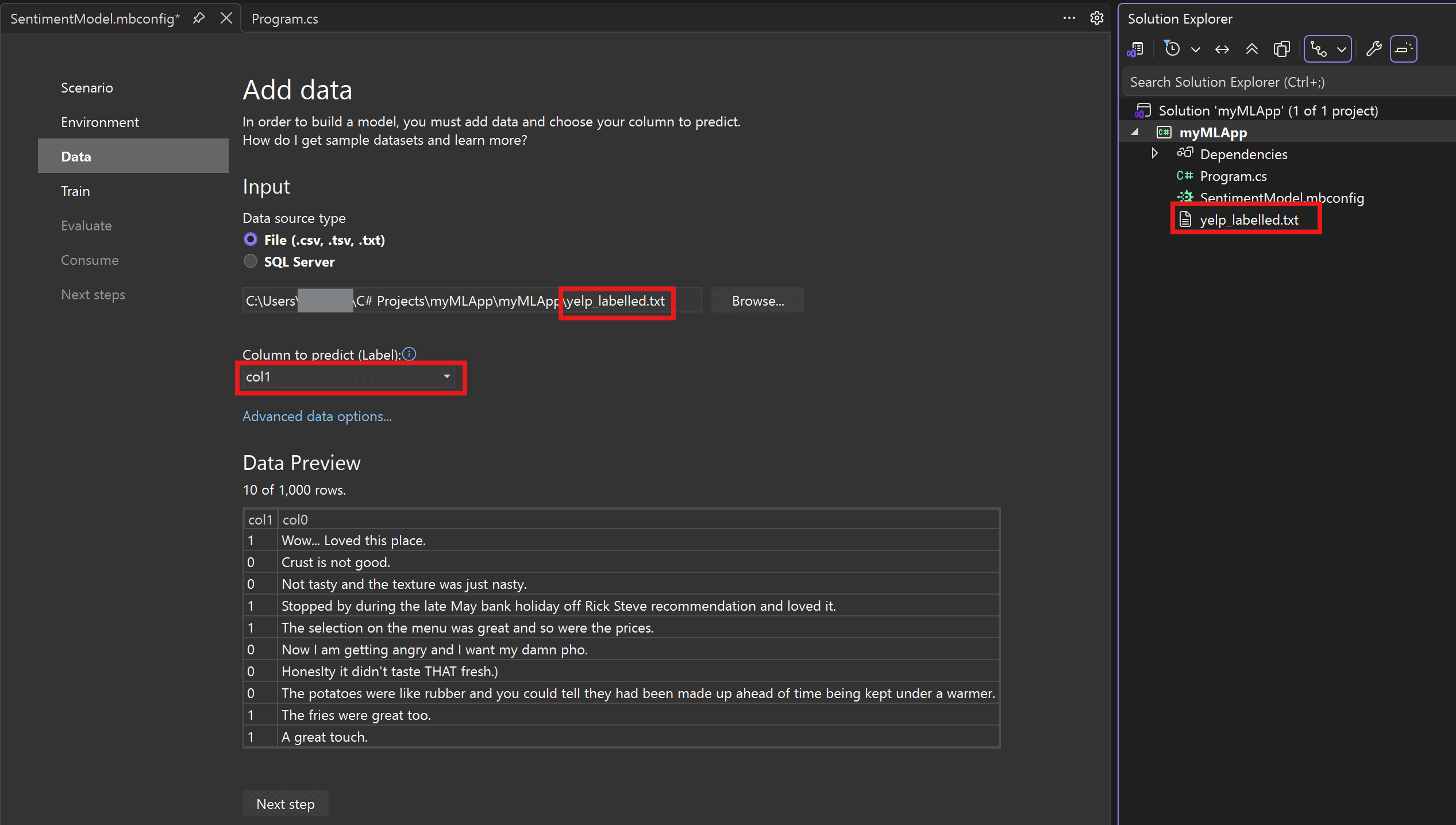 Model Builder Data step