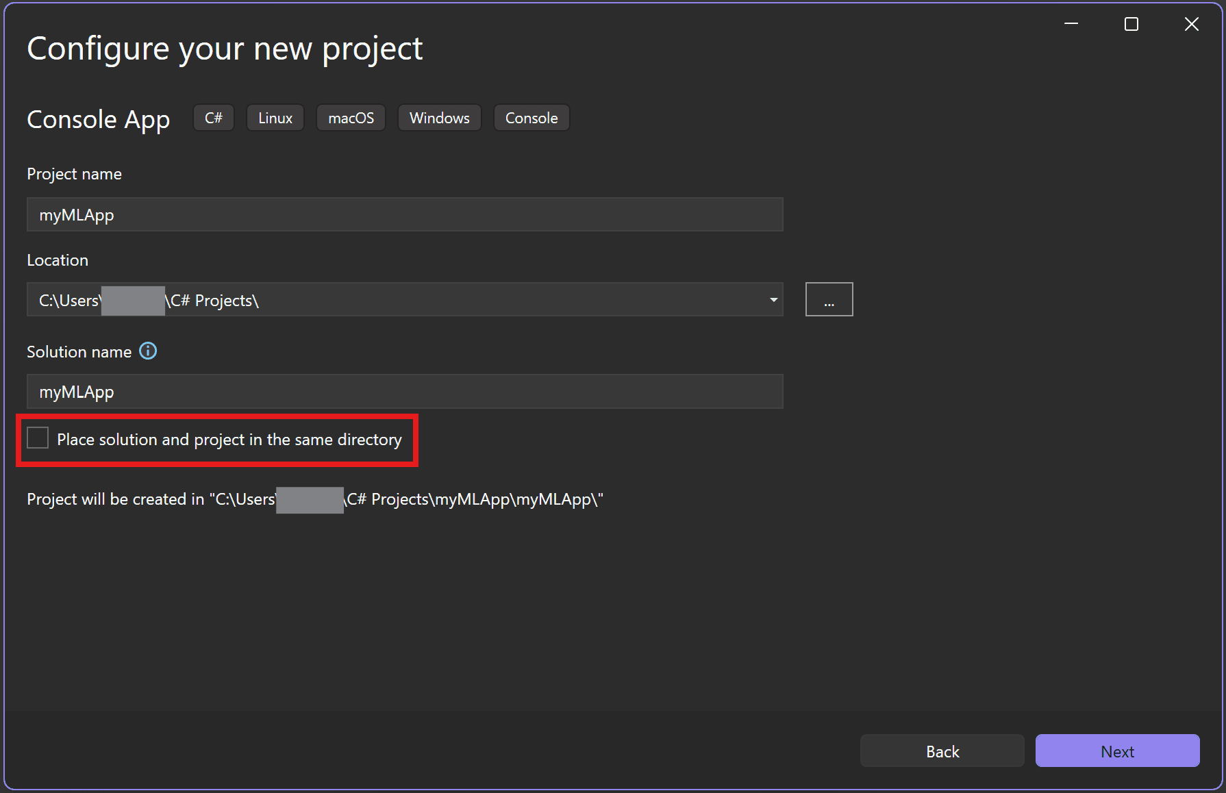 Screenshot of Visual Studio project configuration screen.