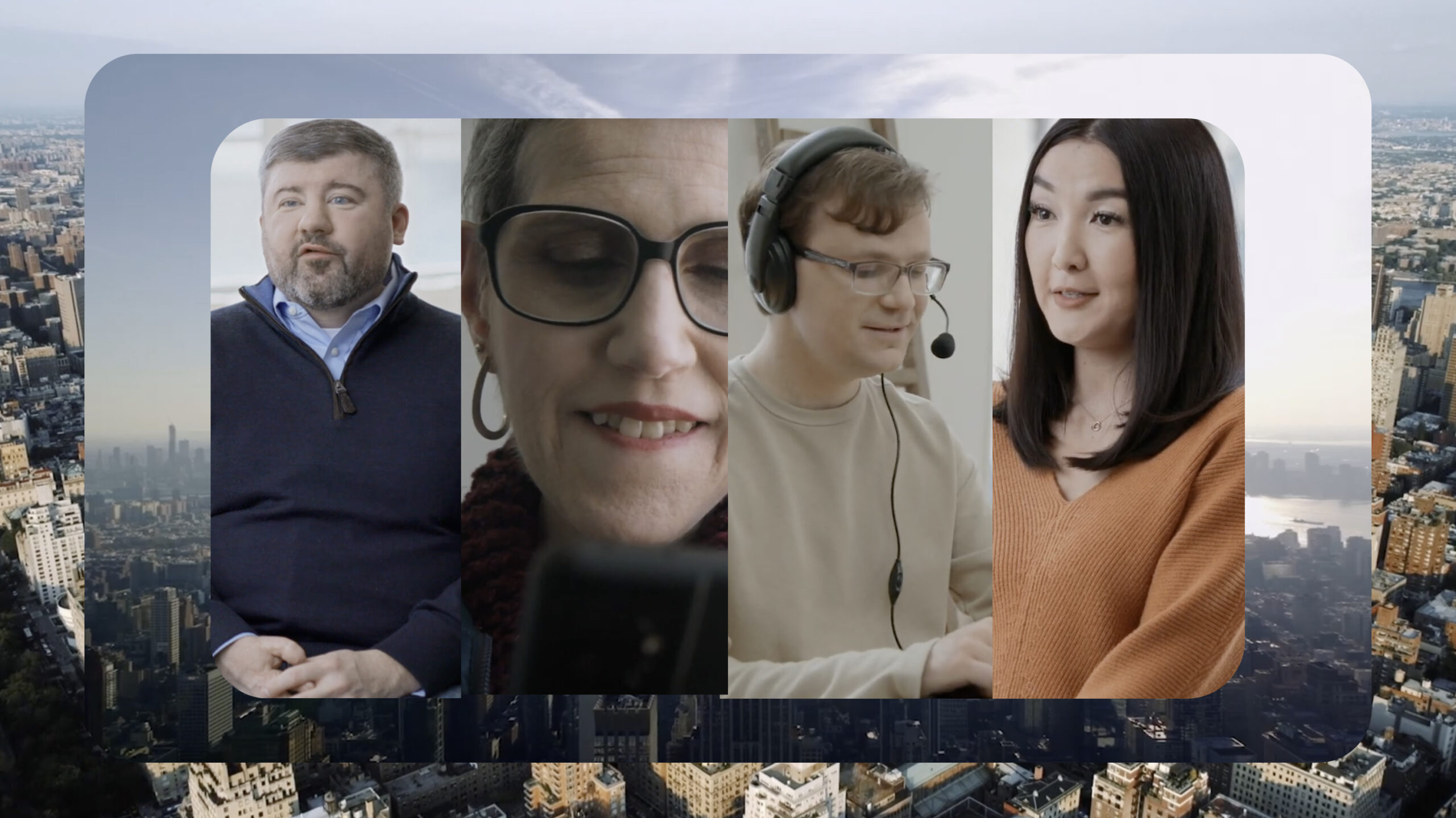 Four people are shown in separate vertical frames: a man in a sweater, a woman with glasses, a man wearing a headset, and a woman in an orange top. Cityscape background.