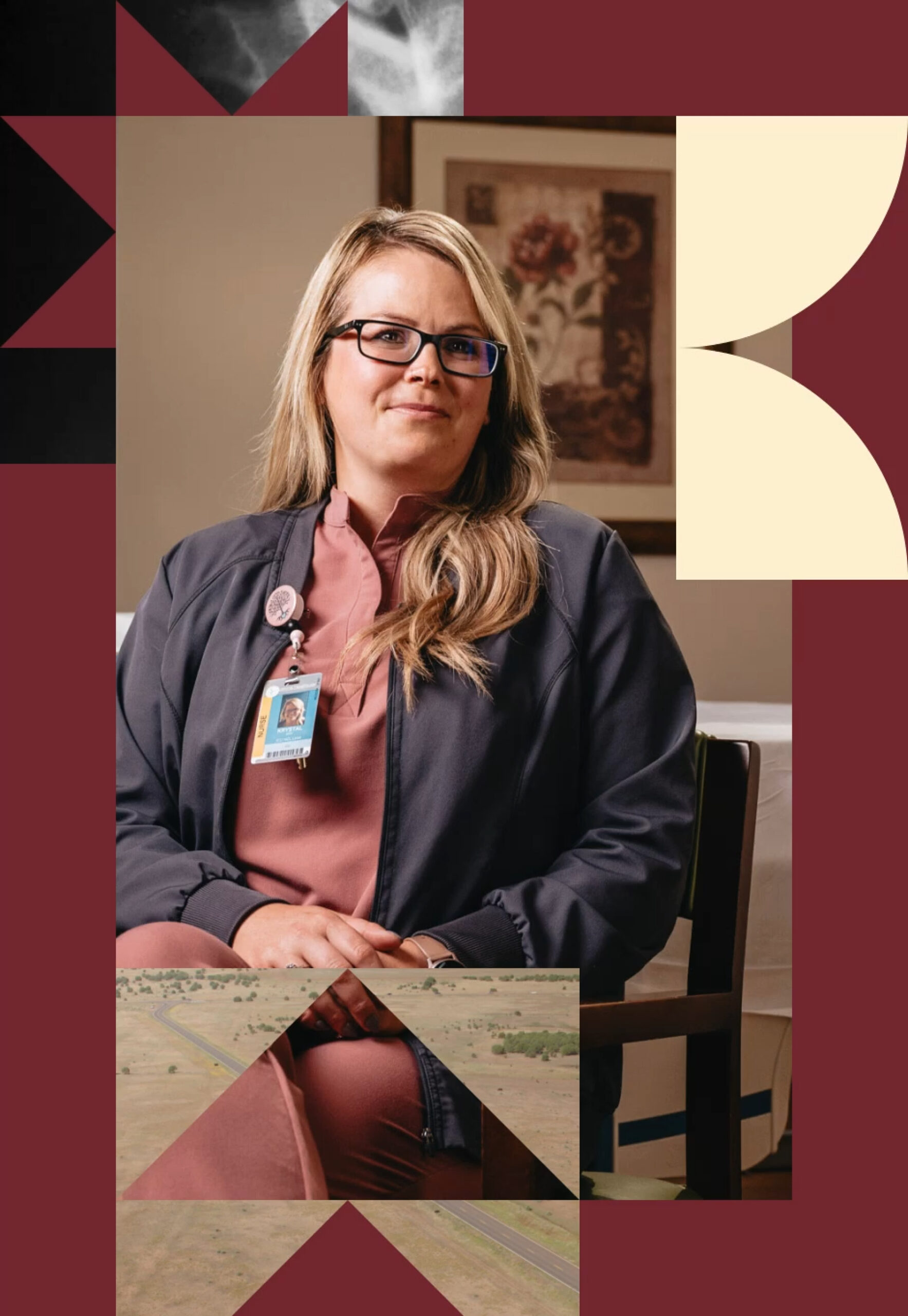 A woman with glasses sits in a chair, wearing a name badge and a dark jacket. The background features abstract geometric shapes and a framed floral picture on the wall.